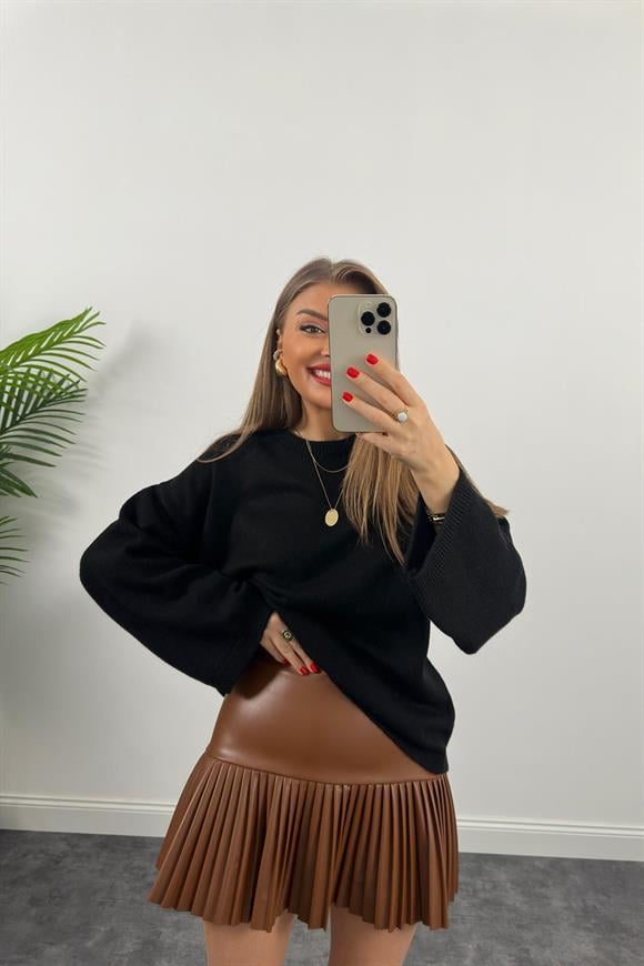 Premium Kalite Pliseli Deri Etek Taba 