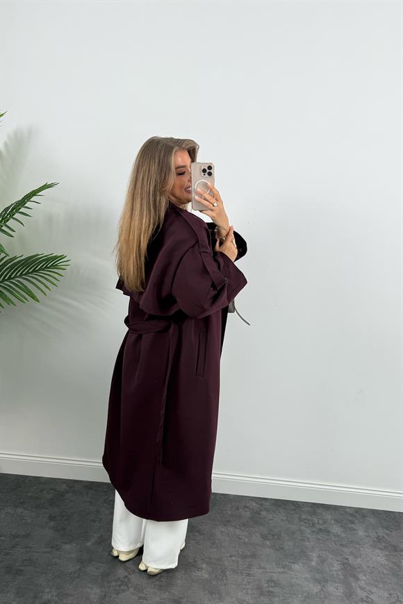 Premium Kalite Poliviskon Kumaş Astarlı Trençkot Mürdüm