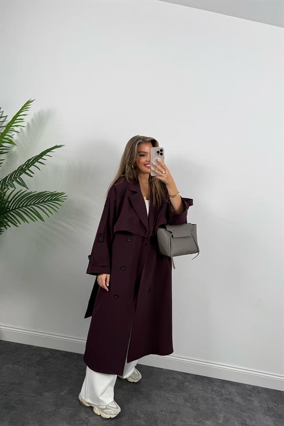 Premium Kalite Poliviskon Kumaş Astarlı Trençkot Mürdüm