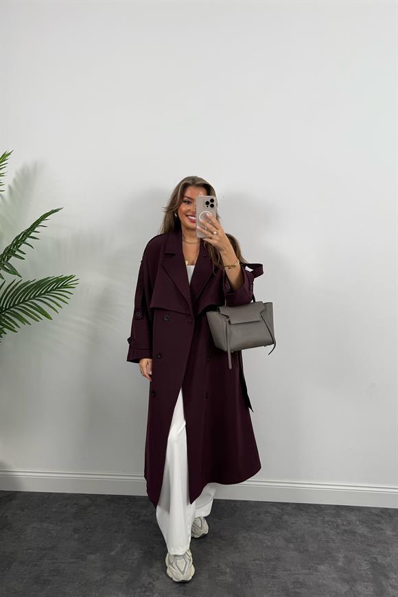 Premium Kalite Poliviskon Kumaş Astarlı Trençkot Mürdüm