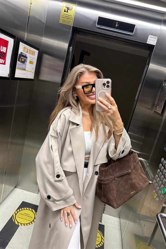 Premium Kalite Poliviskon Kumaş Astarlı Trençkot Orjinal Taş