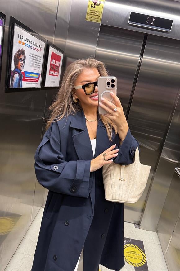 Premium Kalite Poliviskon Kumaş Astarlı Trençkot Lacivert