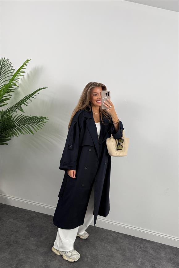 Premium Kalite Poliviskon Kumaş Astarlı Trençkot Lacivert