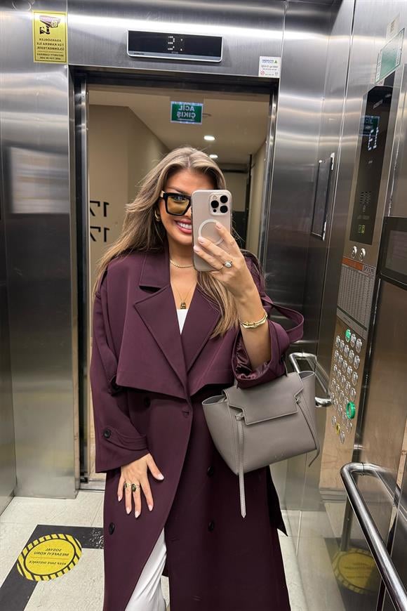 Premium Kalite Poliviskon Kumaş Astarlı Trençkot Mürdüm