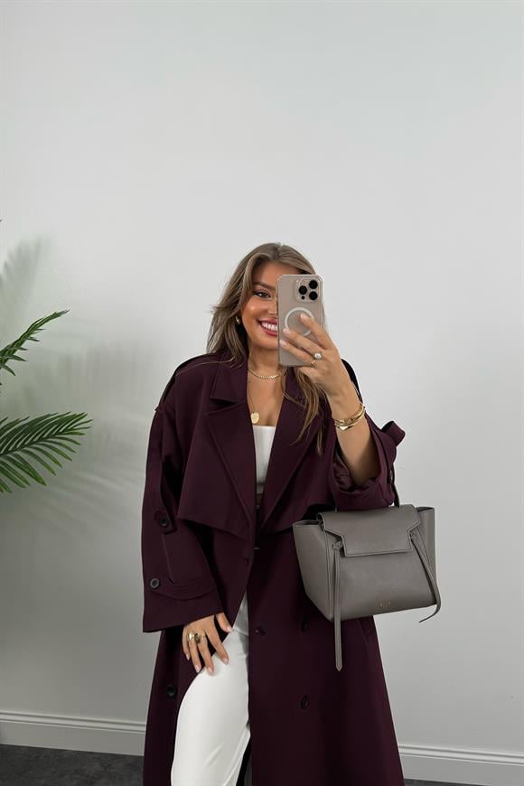 Premium Kalite Poliviskon Kumaş Astarlı Trençkot Mürdüm