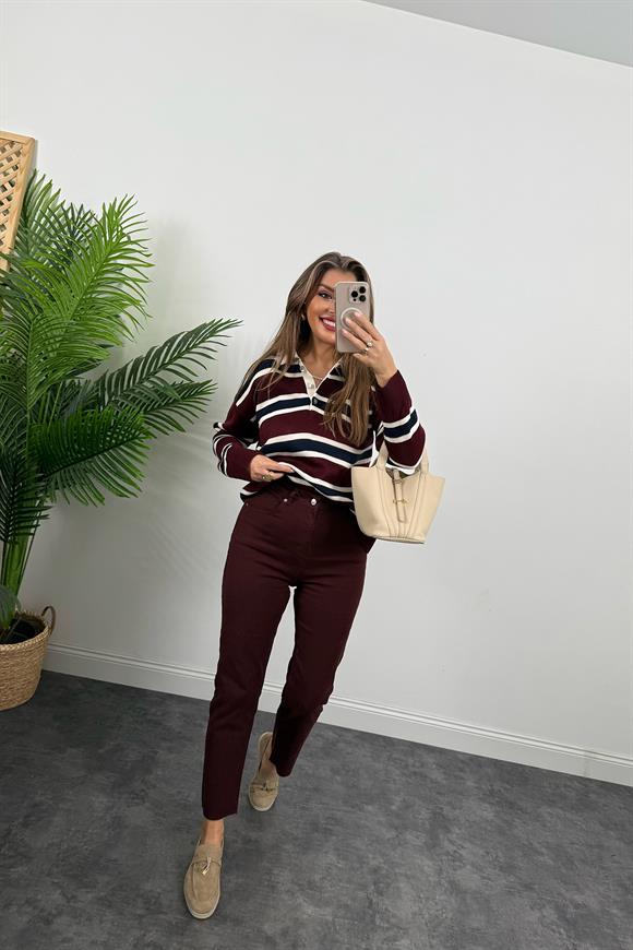 Premium Kalite Polo Yaka Bordo Çizgili Elit Triko Kazak