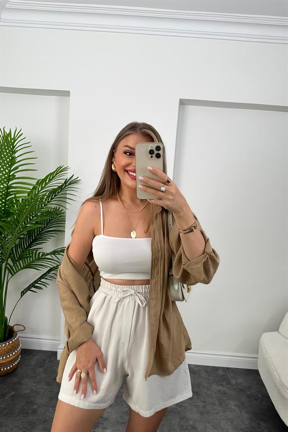 Premium Kalite Şehir Boy Basic Keten Şort Ekru