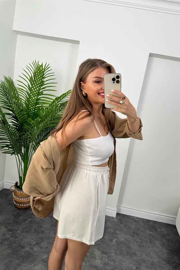 Premium Kalite Şehir Boy Basic Keten Şort Ekru