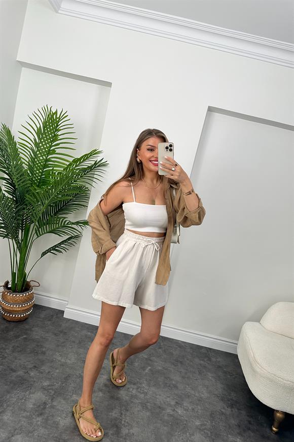 Premium Kalite Şehir Boy Basic Keten Şort Ekru