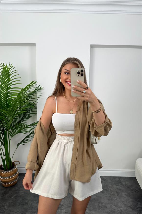 Premium Kalite Şehir Boy Basic Keten Şort Ekru