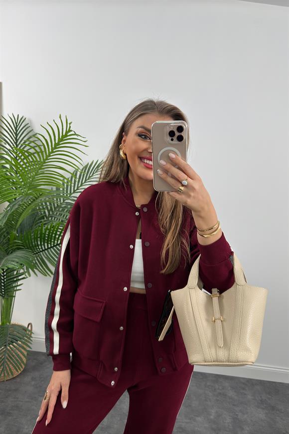 Premium Kalite Şeritli Selanik Kumaş Bomber Ceketli Palazzo Takım Bordo