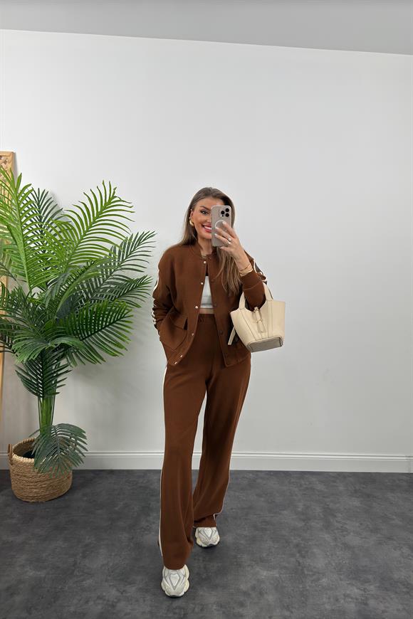 Premium Kalite Şeritli Selanik Kumaş Bomber Ceketli Palazzo Takım Kahverengi