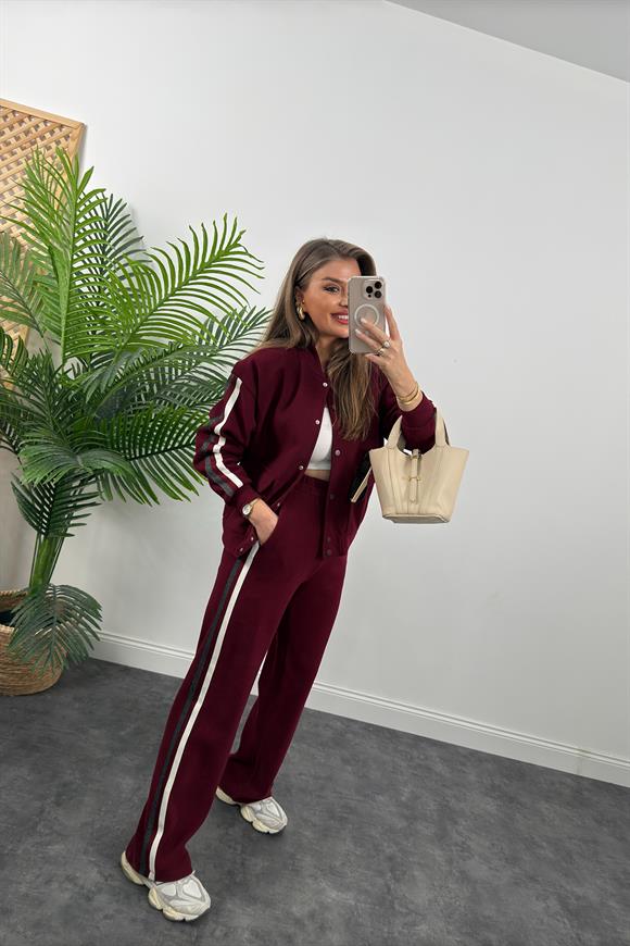 Premium Kalite Şeritli Selanik Kumaş Bomber Ceketli Palazzo Takım Bordo