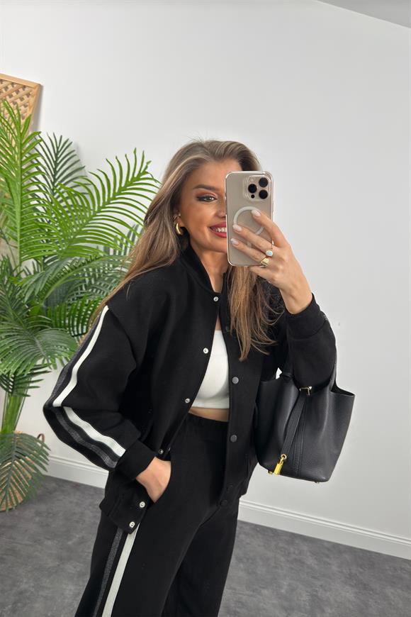 Premium Kalite Şeritli Selanik Kumaş Bomber Ceketli Palazzo Takım Siyah