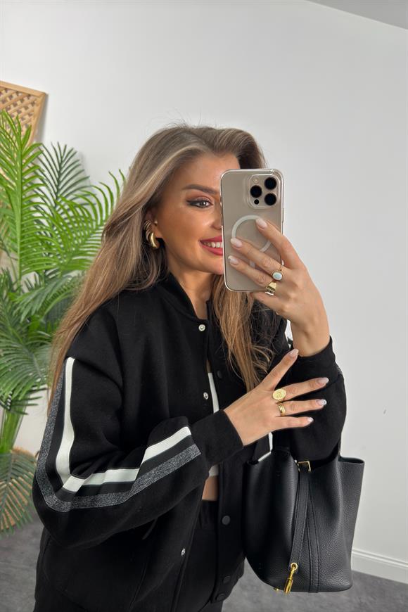 Premium Kalite Şeritli Selanik Kumaş Bomber Ceketli Palazzo Takım Siyah