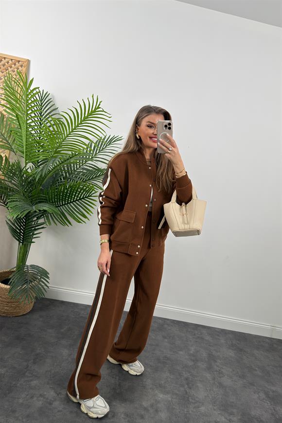 Premium Kalite Şeritli Selanik Kumaş Bomber Ceketli Palazzo Takım Kahverengi