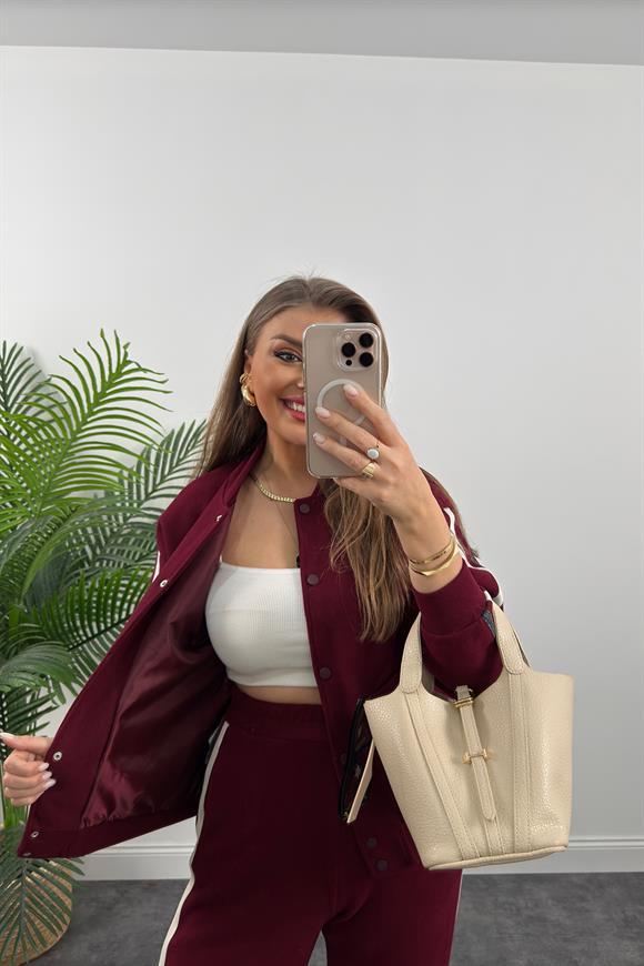 Premium Kalite Şeritli Selanik Kumaş Bomber Ceketli Palazzo Takım Bordo