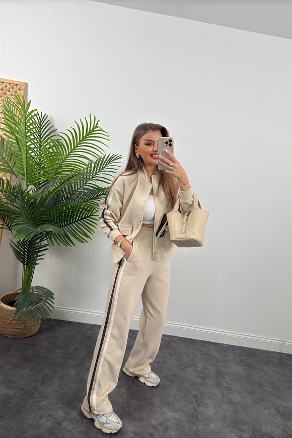 Premium Kalite Şeritli Selanik Kumaş Bomber Ceketli Palazzo Takım Taş