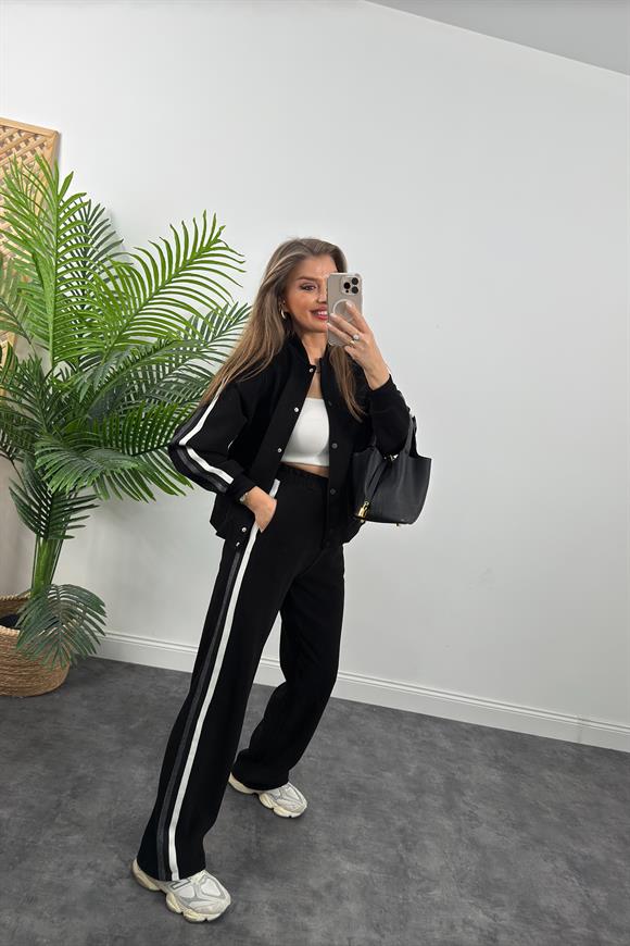 Premium Kalite Şeritli Selanik Kumaş Bomber Ceketli Palazzo Takım Siyah