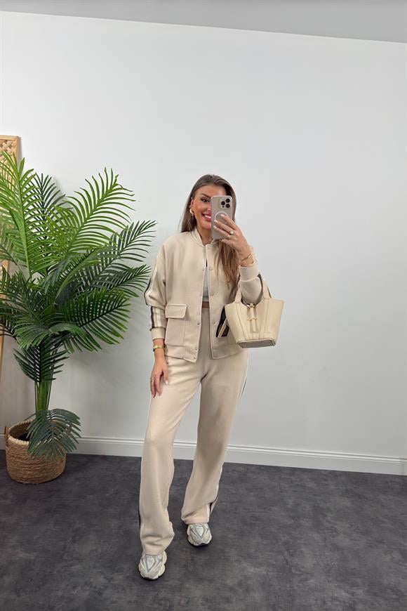 Premium Kalite Şeritli Selanik Kumaş Bomber Ceketli Palazzo Takım Taş