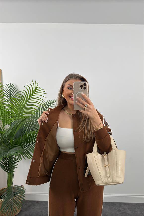 Premium Kalite Şeritli Selanik Kumaş Bomber Ceketli Palazzo Takım Kahverengi
