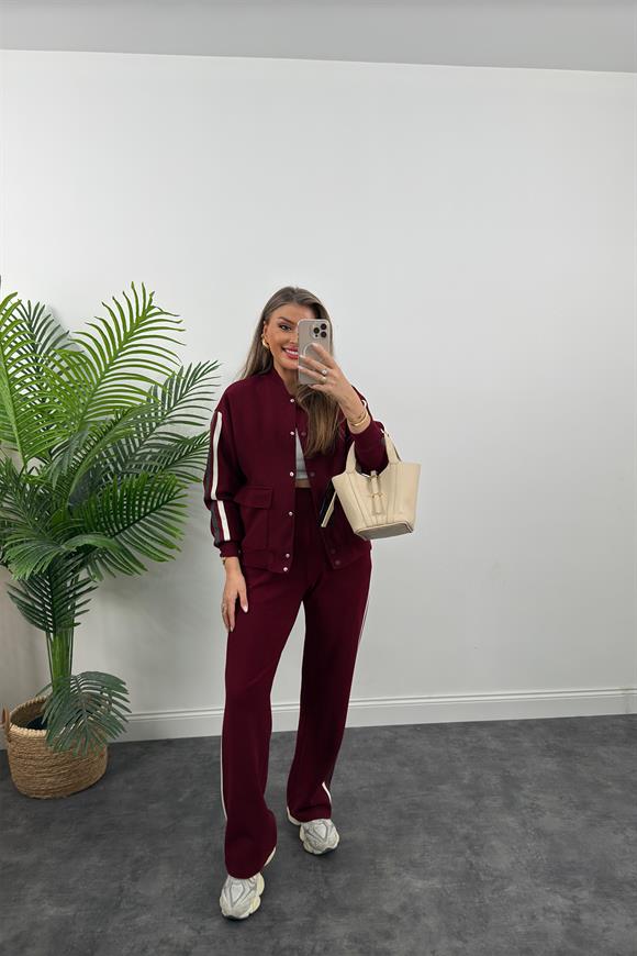 Premium Kalite Şeritli Selanik Kumaş Bomber Ceketli Palazzo Takım Bordo