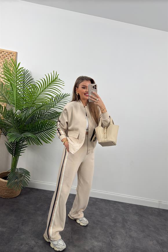 Premium Kalite Şeritli Selanik Kumaş Bomber Ceketli Palazzo Takım Taş