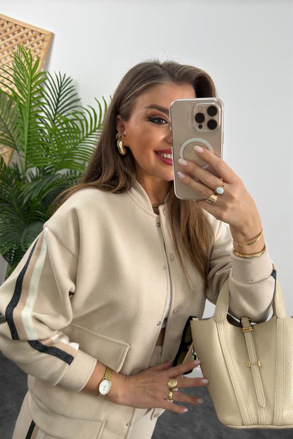 Premium Kalite Şeritli Selanik Kumaş Bomber Ceketli Palazzo Takım Taş