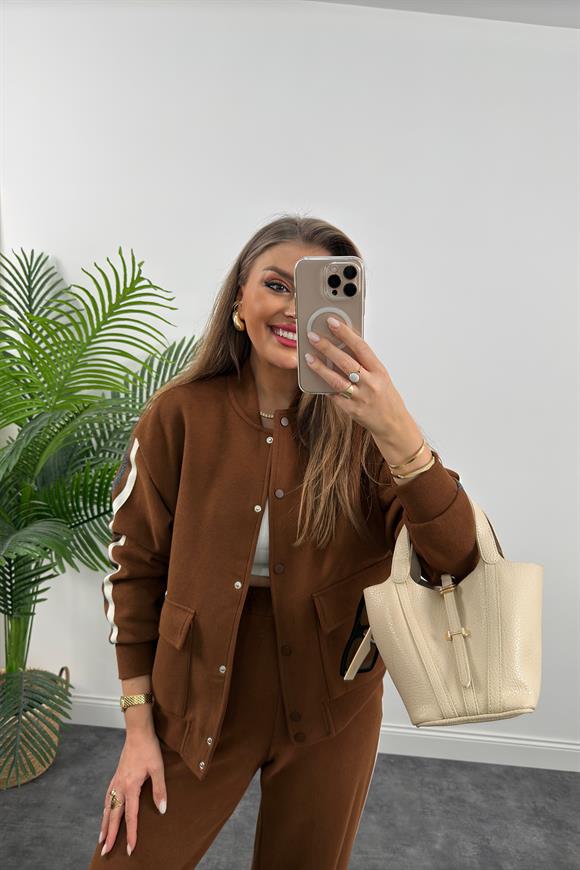 Premium Kalite Şeritli Selanik Kumaş Bomber Ceketli Palazzo Takım Kahverengi