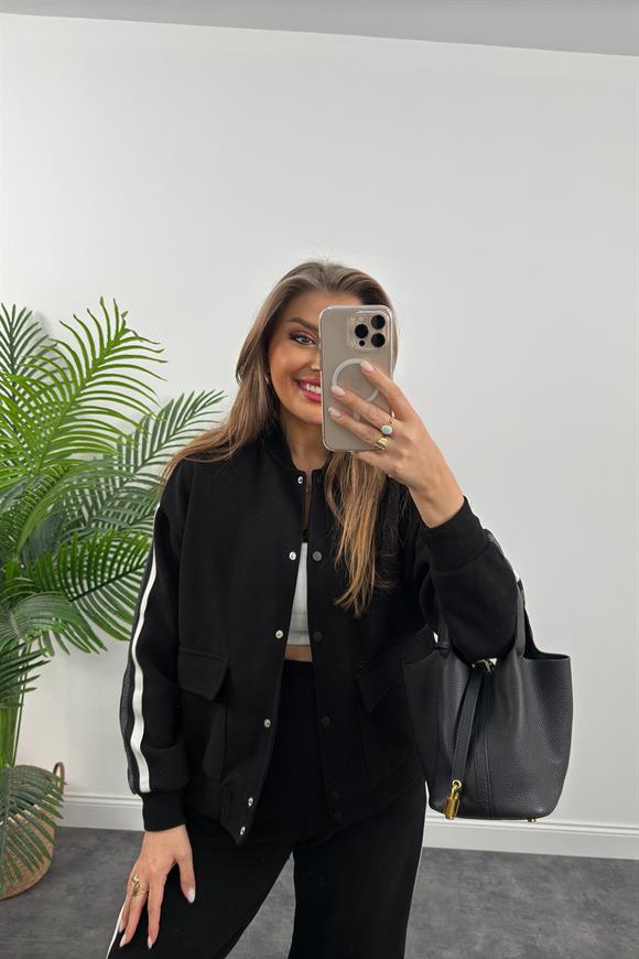 Premium Kalite Şeritli Selanik Kumaş Bomber Ceketli Palazzo Takım Siyah