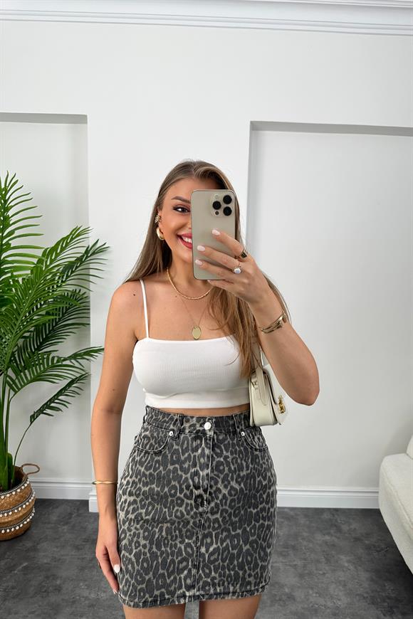 Premium Kalite Soluk Efekt Mini Boy Likralı Leopar Jean Etek