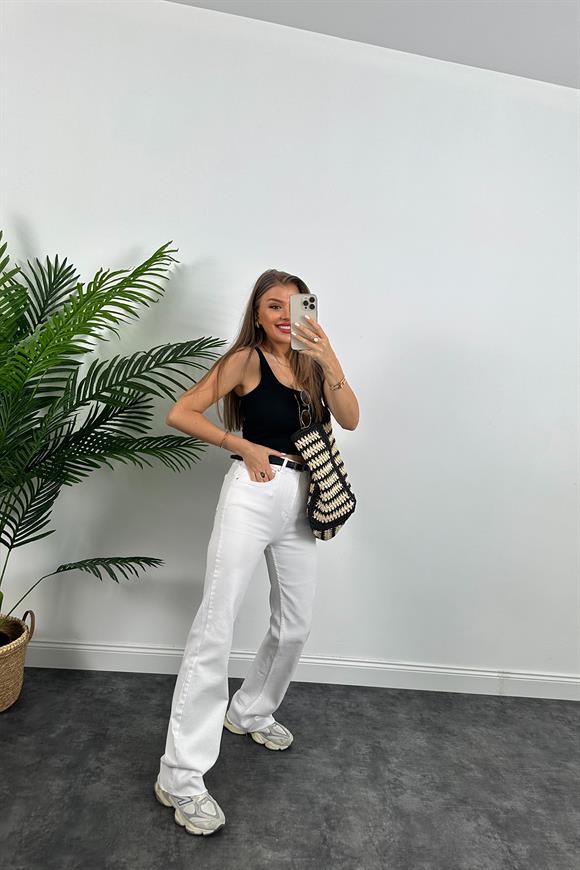 Premium Kalite Tam Pamuklu Likralı Straight Jean Beyaz
