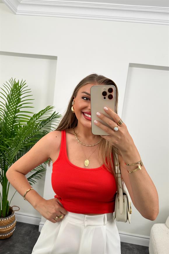 Premium Kalite Tam Pamuklu U Yaka Uzun Boy Atlet Kırmızı