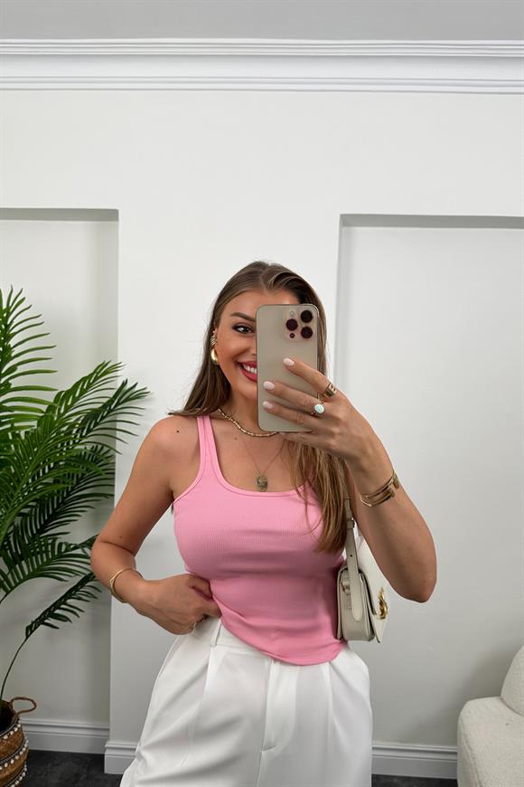 Premium Kalite Tam Pamuklu U Yaka Uzun Boy Atlet Şeker Pembe