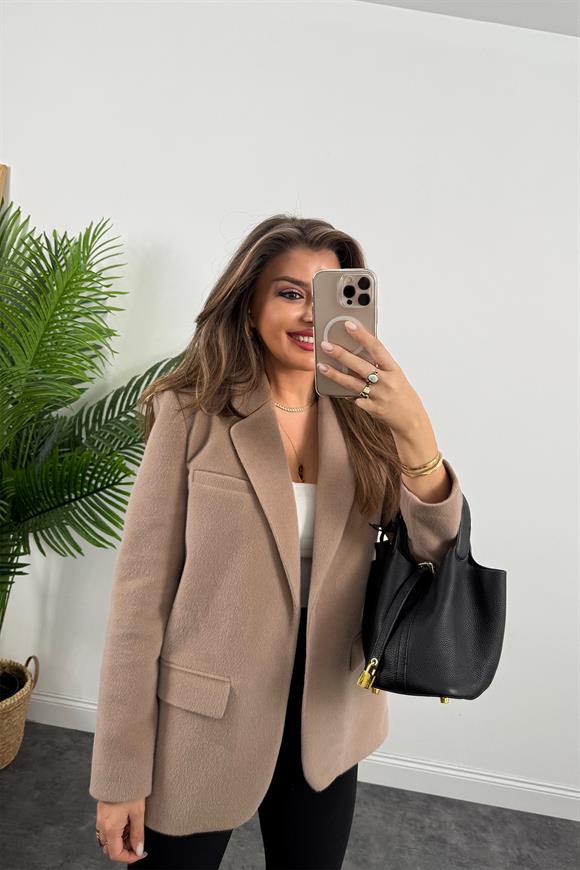 Premium Kalite Tay Tüyü Blazer Açık Vizon Taş 