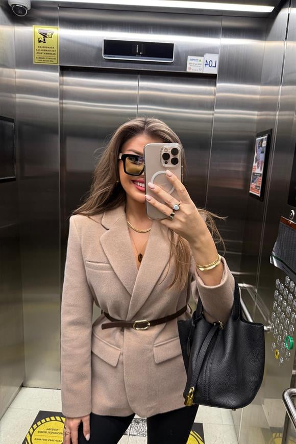 Premium Kalite Tay Tüyü Blazer Açık Vizon Taş 