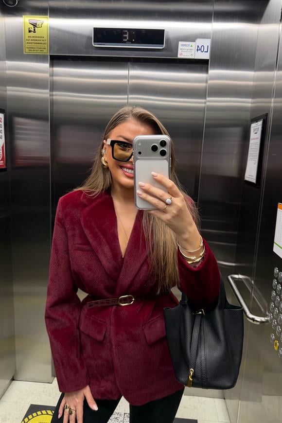 Premium Kalite Tay Tüyü Blazer Bordo