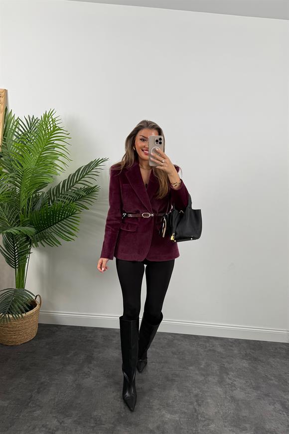Premium Kalite Tay Tüyü Blazer Bordo Mürdüm