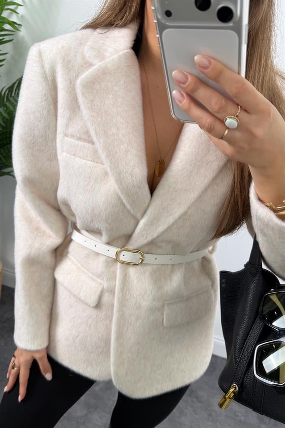 Premium Kalite Tay Tüyü Blazer Krem