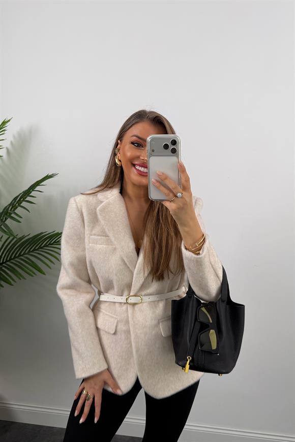 Premium Kalite Tay Tüyü Blazer Krem