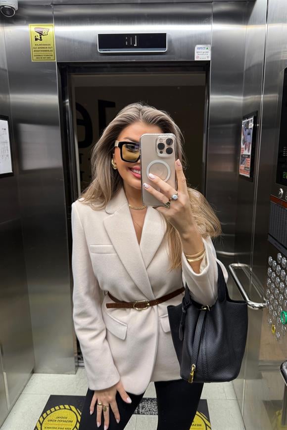 Premium Kalite Tay Tüyü Blazer Kremsi Açık Taş