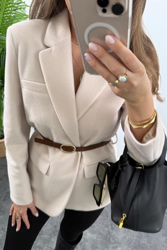 Premium Kalite Tay Tüyü Blazer Kremsi Açık Taş