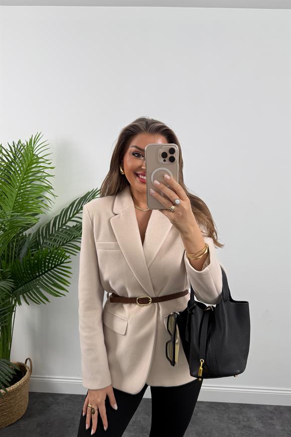 Premium Kalite Tay Tüyü Blazer Kremsi Açık Taş