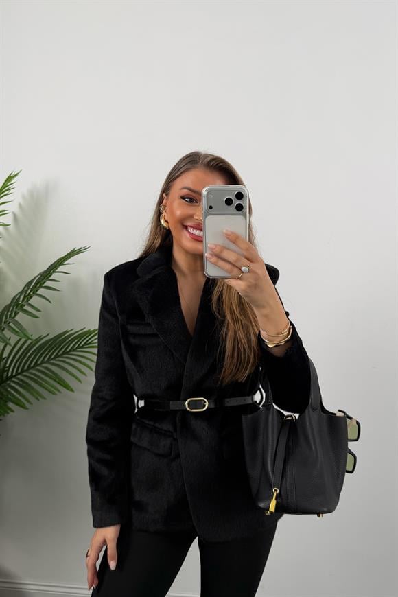 Premium Kalite Tay Tüyü Blazer Siyah 