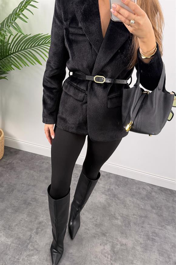 Premium Kalite Tay Tüyü Blazer Siyah 