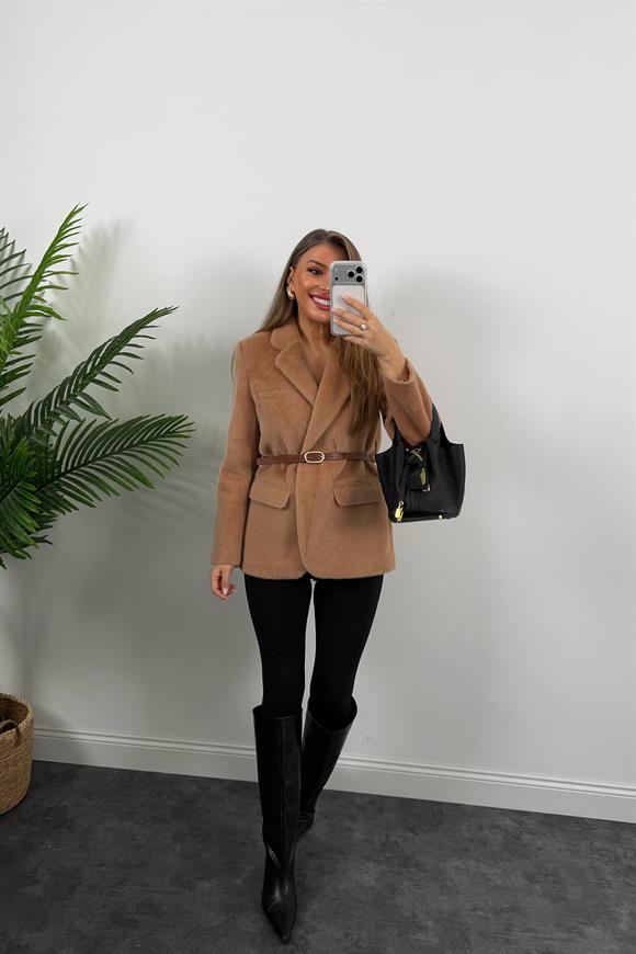 Premium Kalite Tay Tüyü Blazer Taba