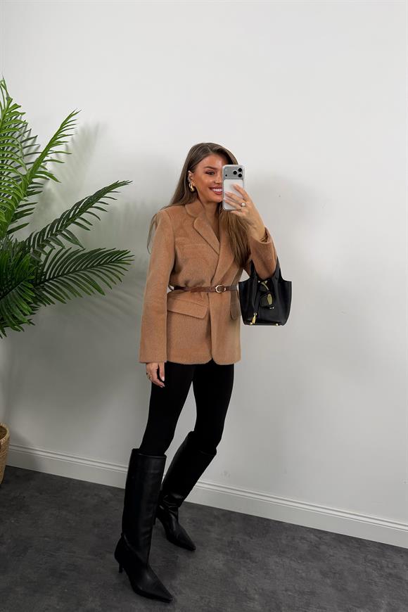 Premium Kalite Tay Tüyü Blazer Taba