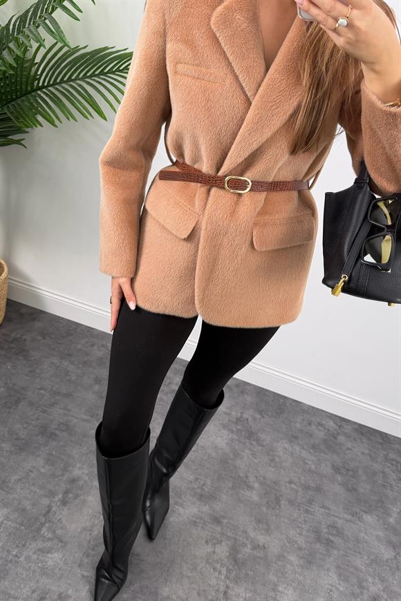 Premium Kalite Tay Tüyü Blazer Taba