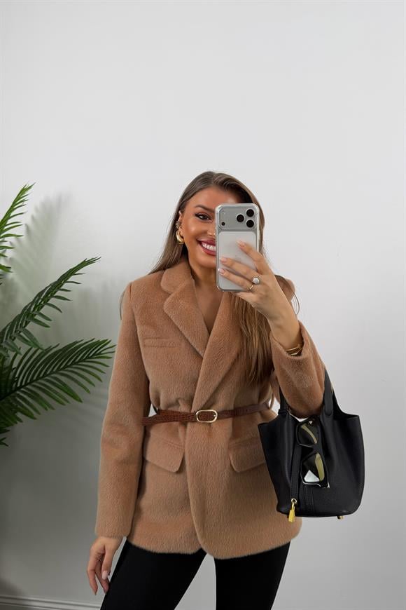 Premium Kalite Tay Tüyü Blazer Taba