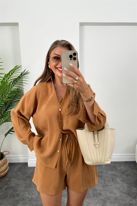 Premium Kalite Tensel Modal Kumaş Şort Gömlek Takım Taba Kahve